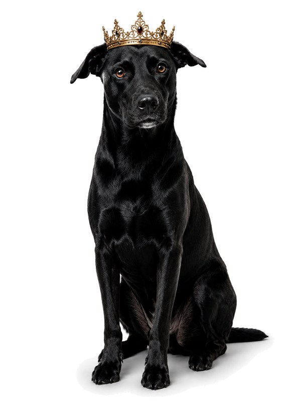 Nina Maria, a black dog sitting upright, wearing a small gold crown